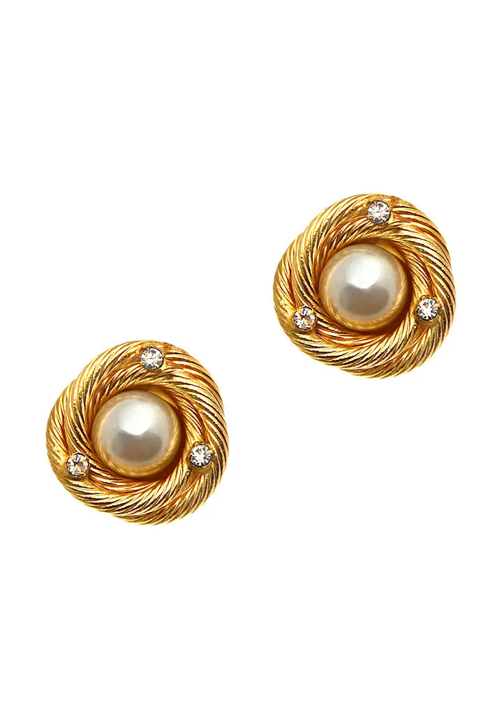 1980 Rare Chanel Vintage Pearl Gold Metal Crystal Clip On Earrings