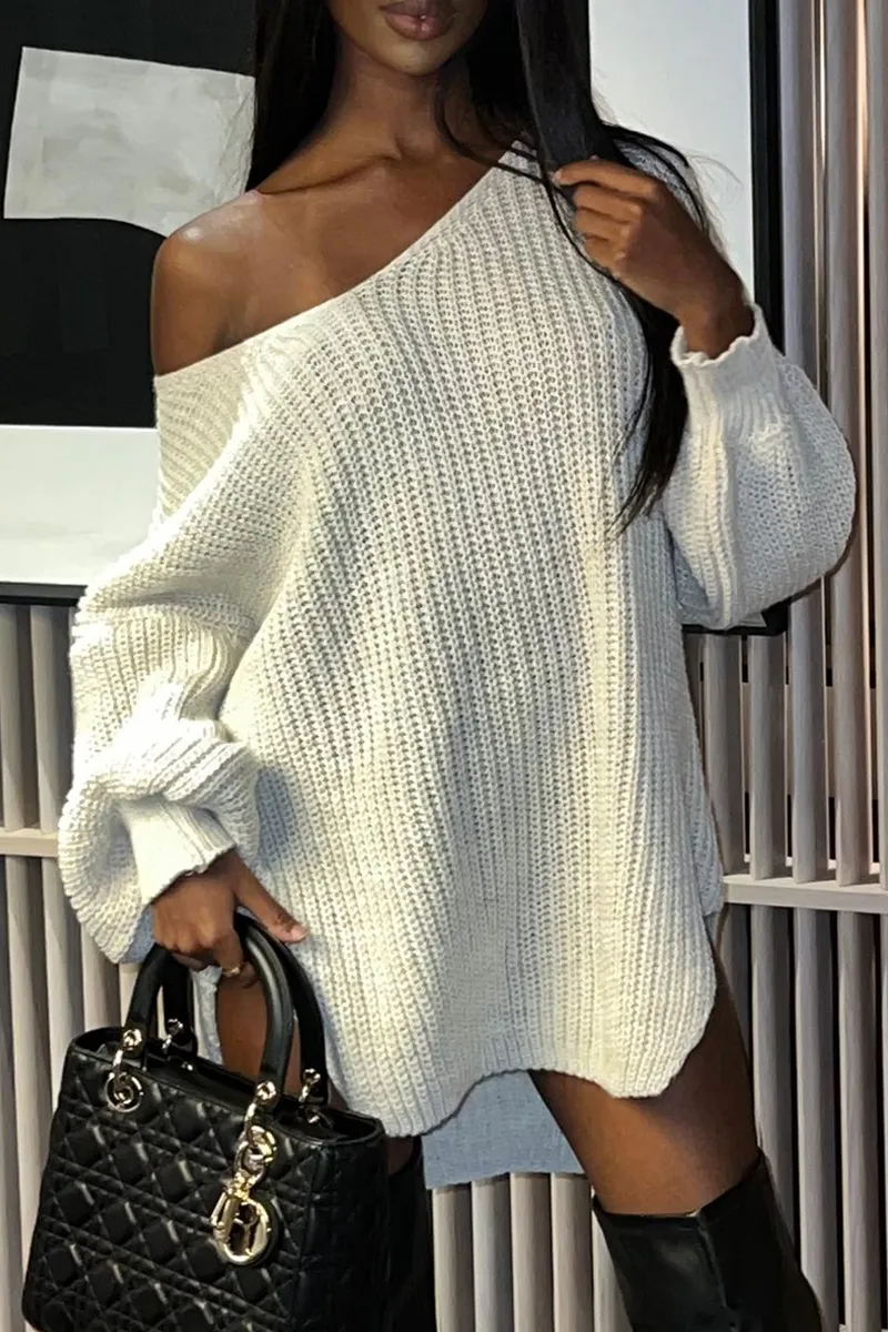 Beige Oversized Knit V Neck Sweater - Evelyn