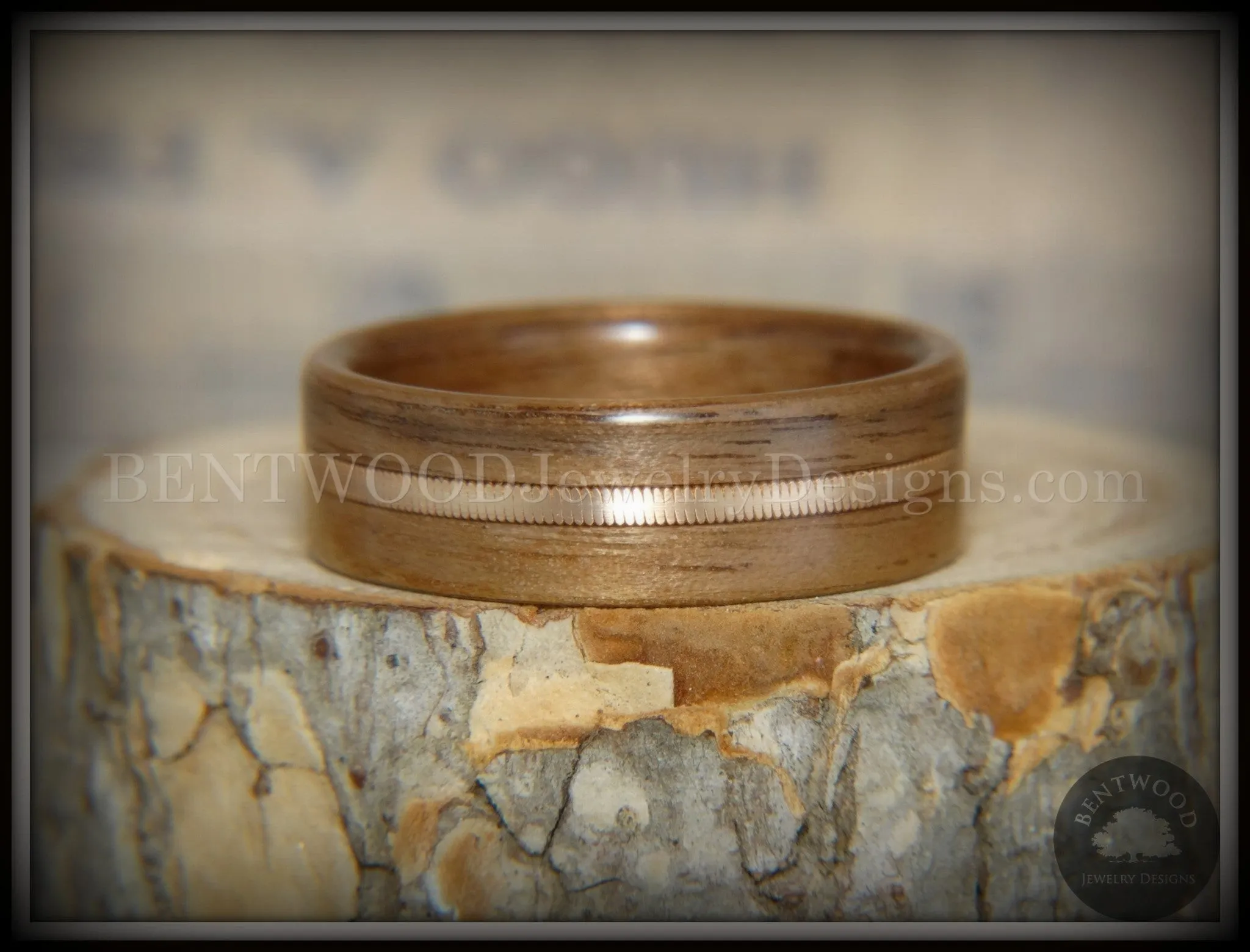 Bentwood Ring - Walnut Wood Ring with Bronze Acoustic Guitar String Inlay