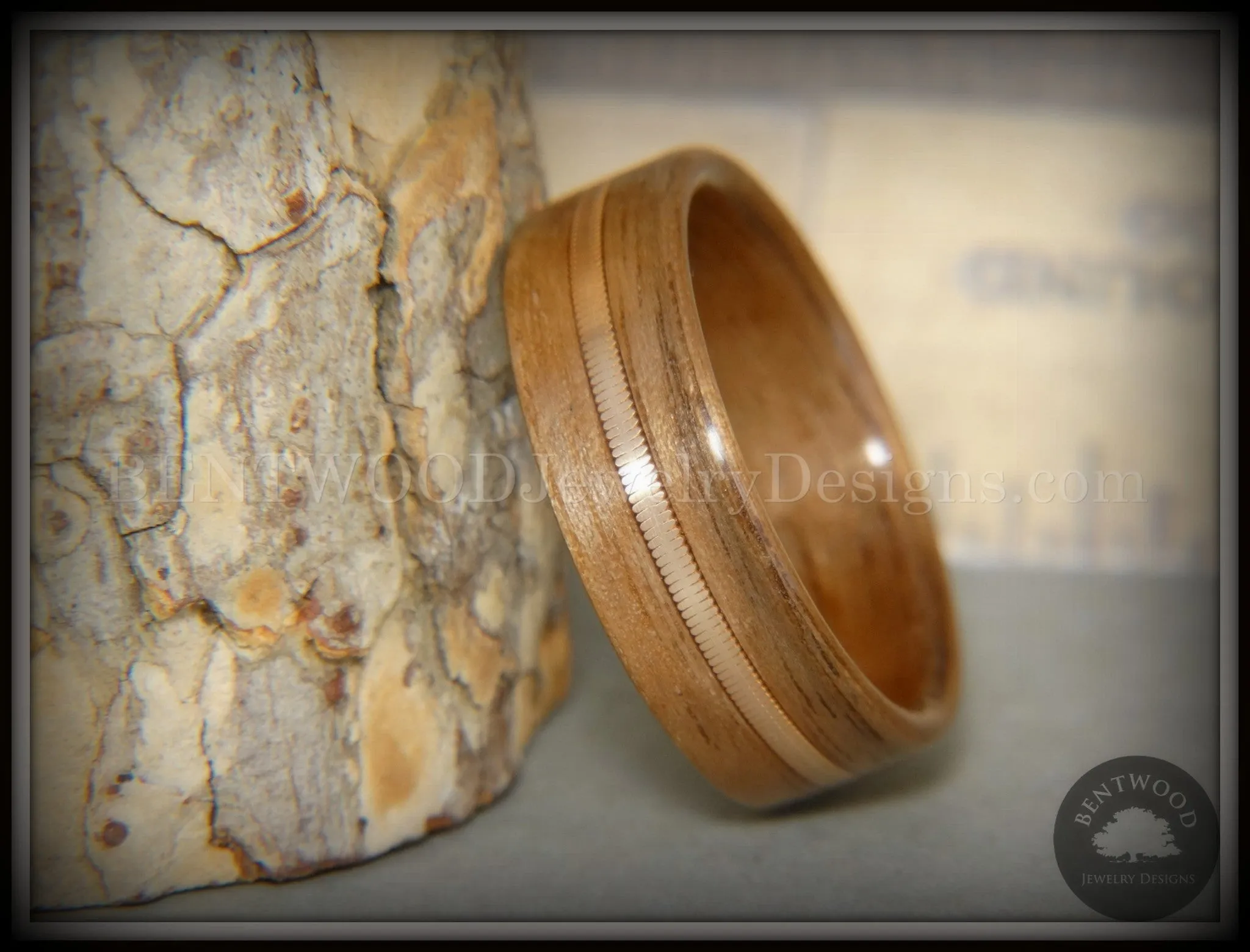 Bentwood Ring - Walnut Wood Ring with Bronze Acoustic Guitar String Inlay