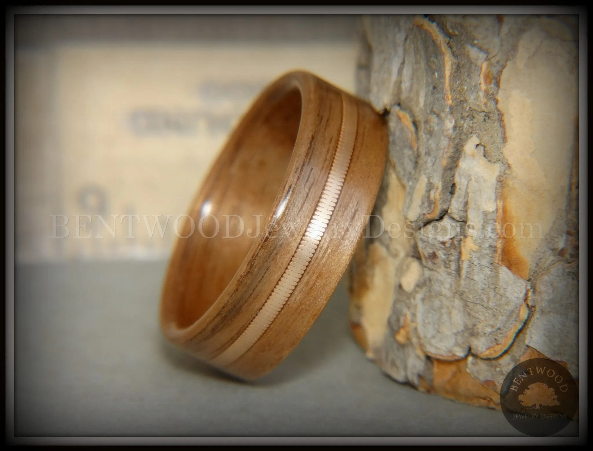 Bentwood Ring - Walnut Wood Ring with Bronze Acoustic Guitar String Inlay