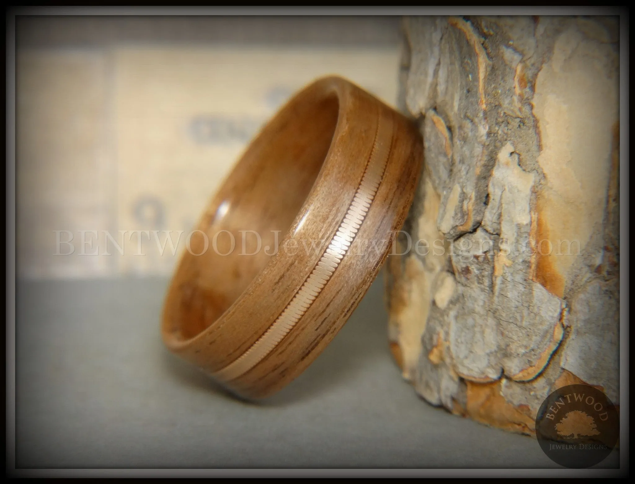 Bentwood Ring - Walnut Wood Ring with Bronze Acoustic Guitar String Inlay