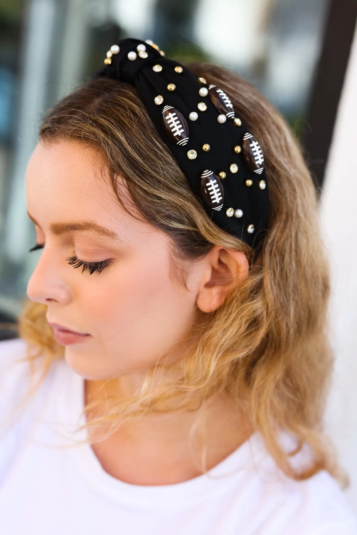 Black Stone & Gem Football Embellished Top Knot Headband