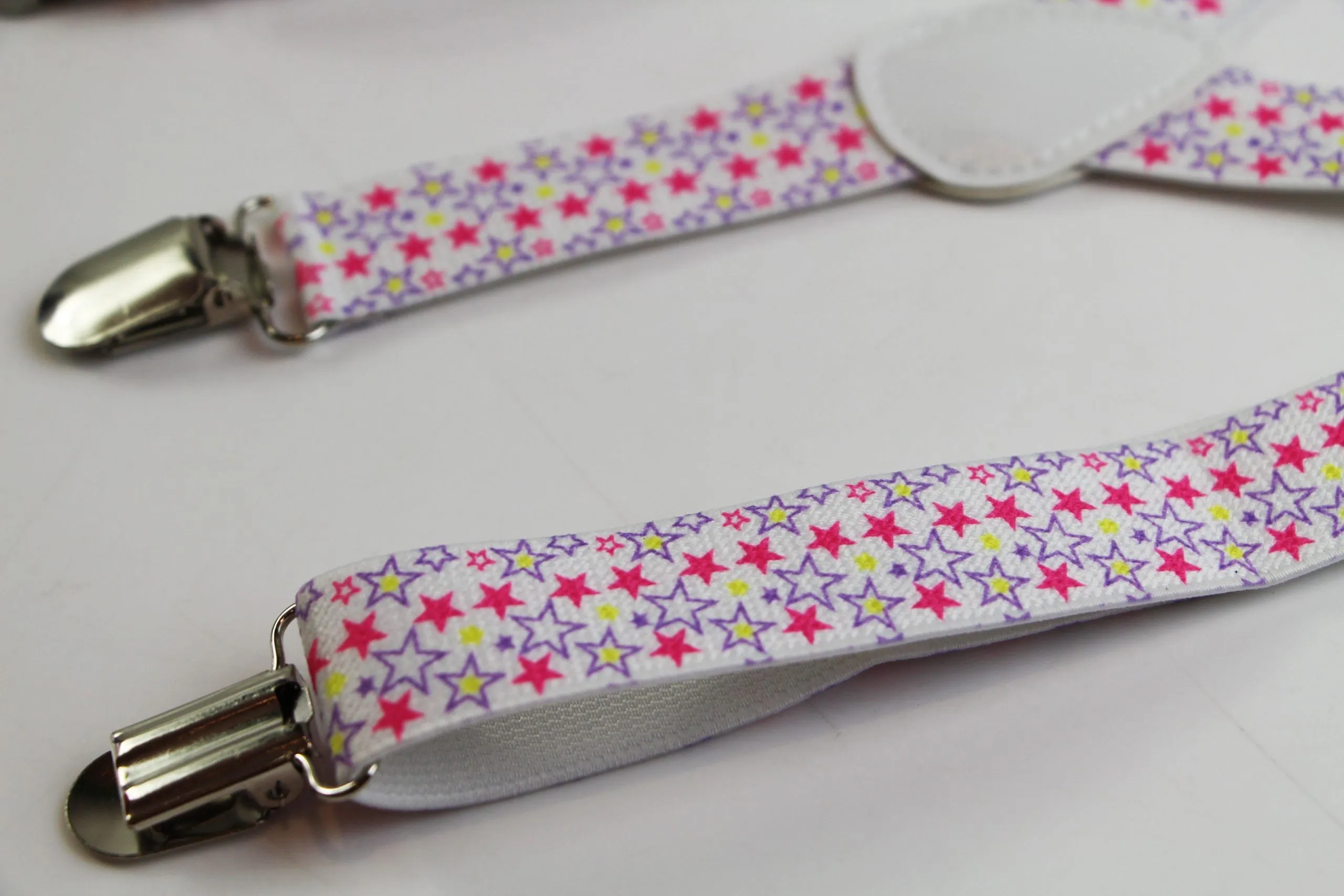 Boys Adjustable White With Purple, Yellow & Pink Stars Patterned Suspenders