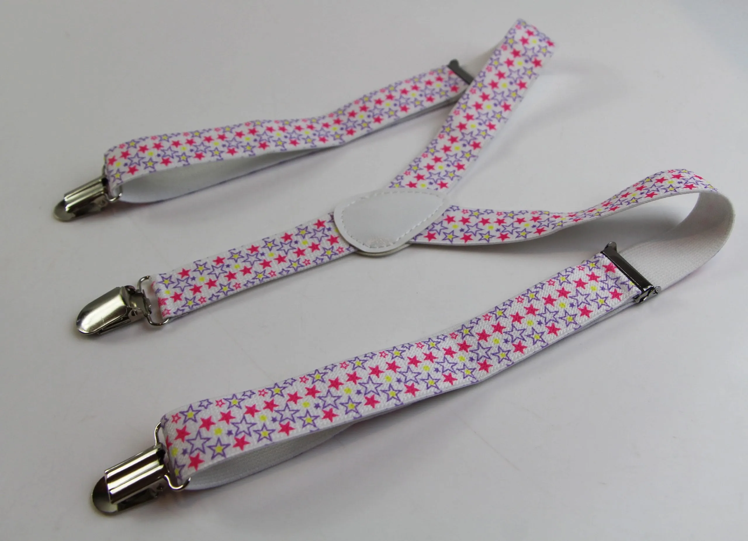 Boys Adjustable White With Purple, Yellow & Pink Stars Patterned Suspenders