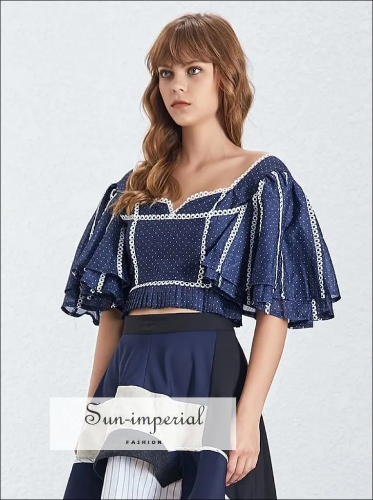 Catalina top - Vintage Elegant Blue Polka Dot Short Ruffle Sleeve Crop top for Women Square Neck