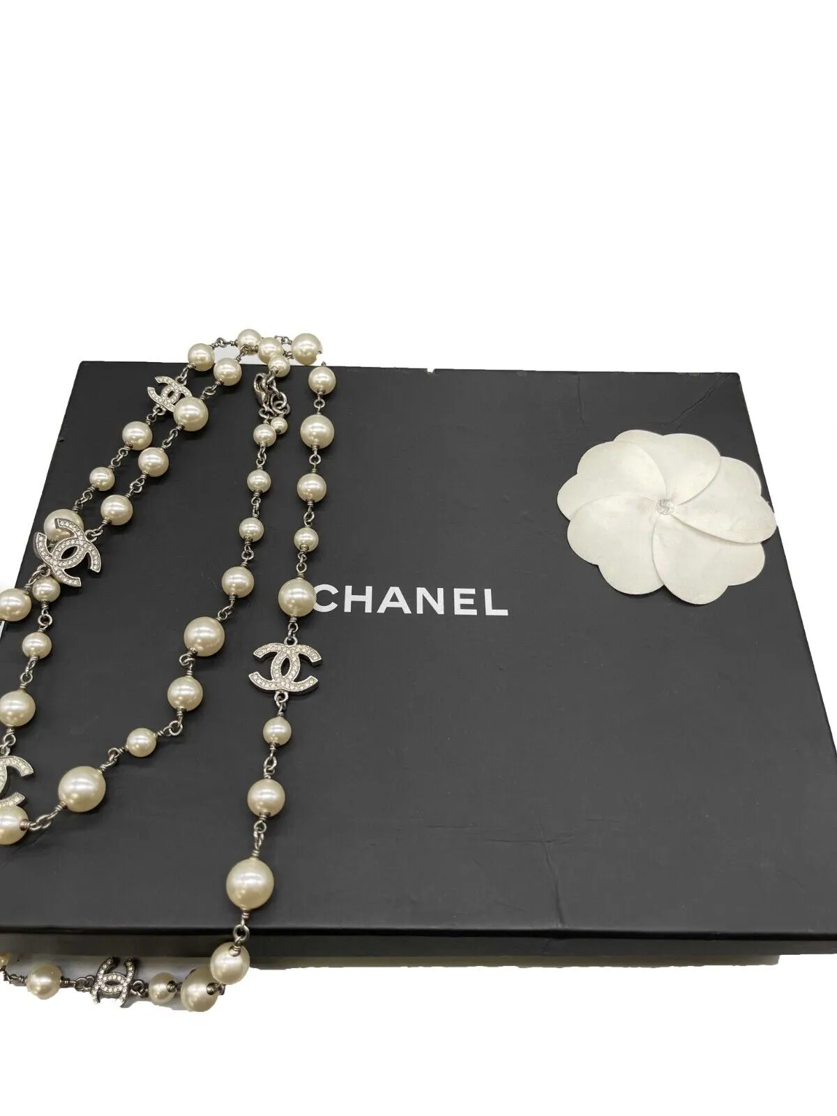 CHANEL - NEW A17 5 CC Charm Pearl Rhinestone Crystal Long Layered Necklace