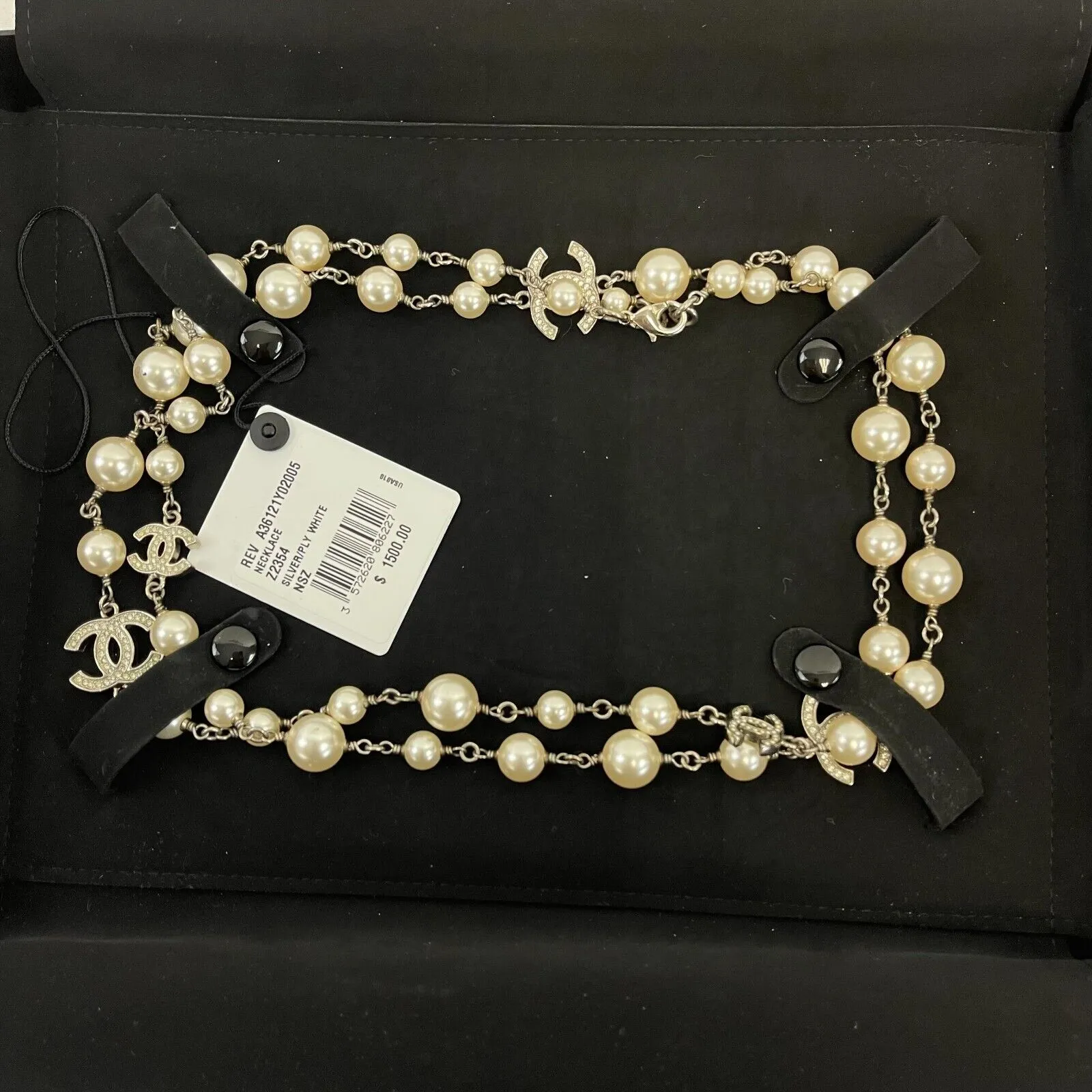 CHANEL - NEW A17 5 CC Charm Pearl Rhinestone Crystal Long Layered Necklace