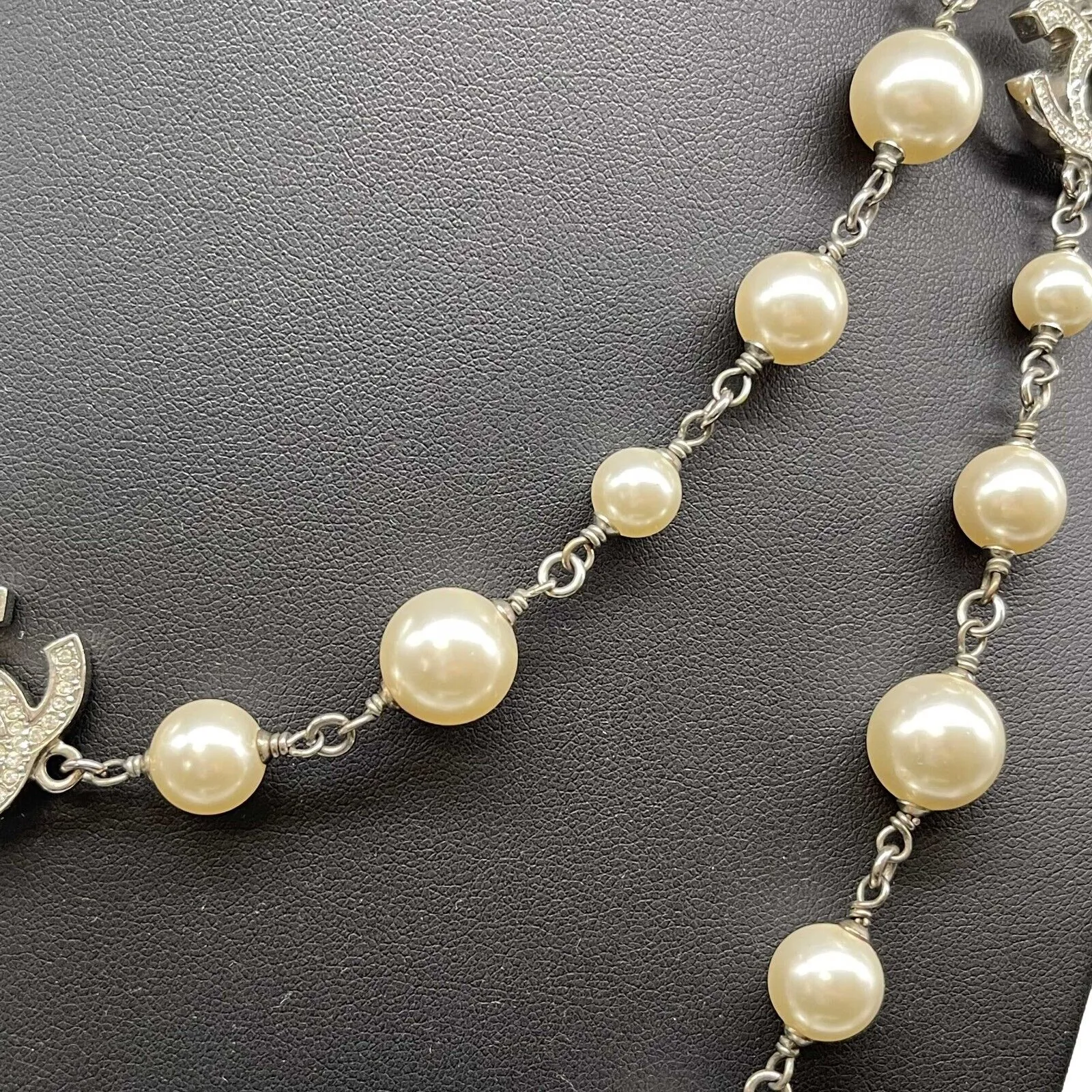 CHANEL - NEW A17 5 CC Charm Pearl Rhinestone Crystal Long Layered Necklace