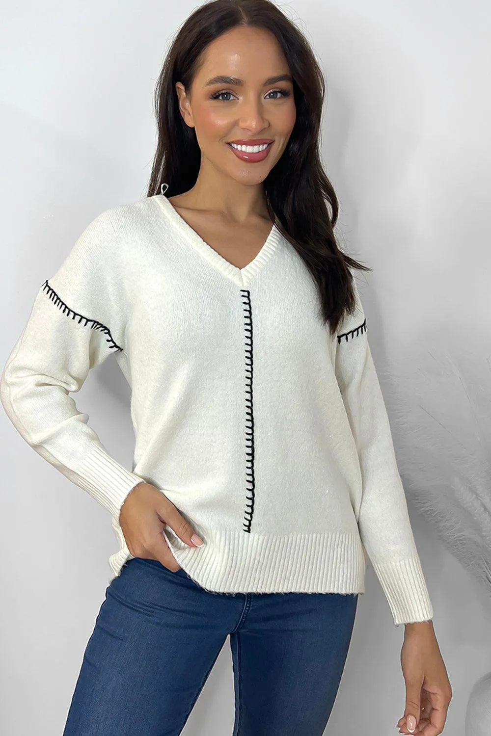 Contrast Stitch Detail V-Neck Pullover