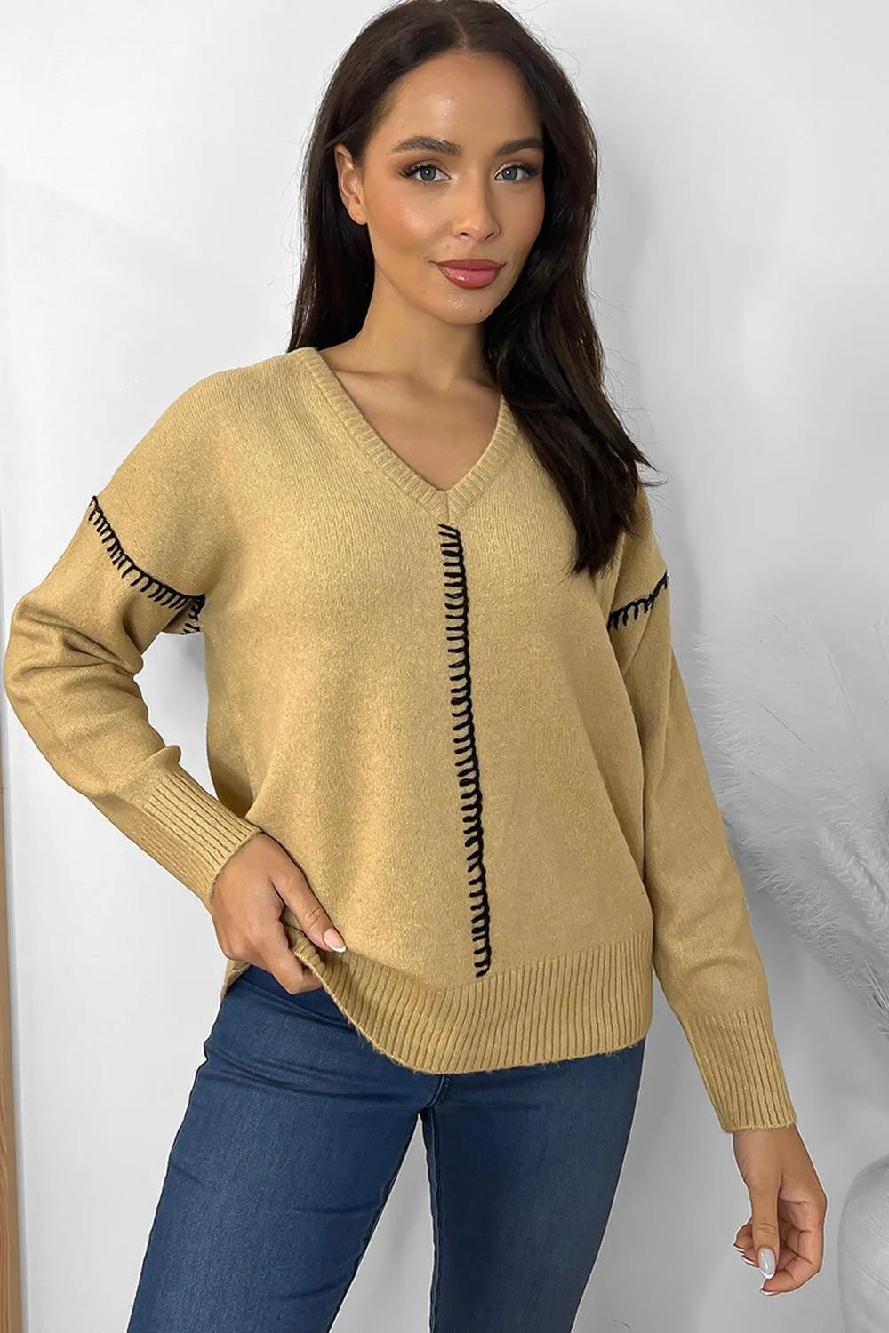 Contrast Stitch Detail V-Neck Pullover