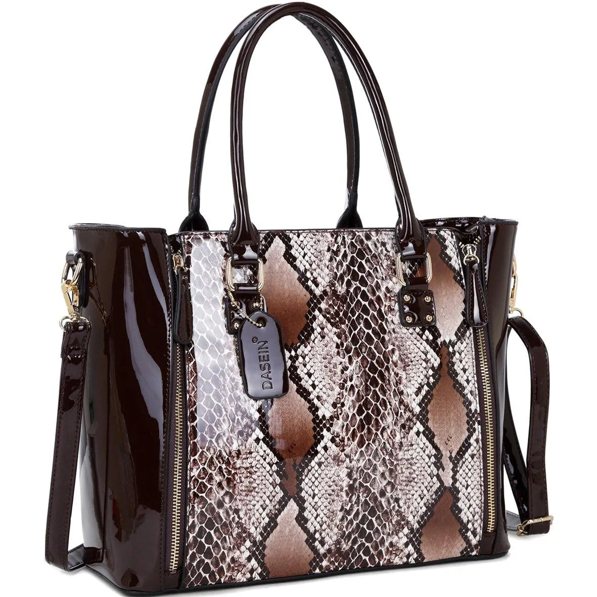 Dasein Zippered Sides with Snakeskin Detail Satchel