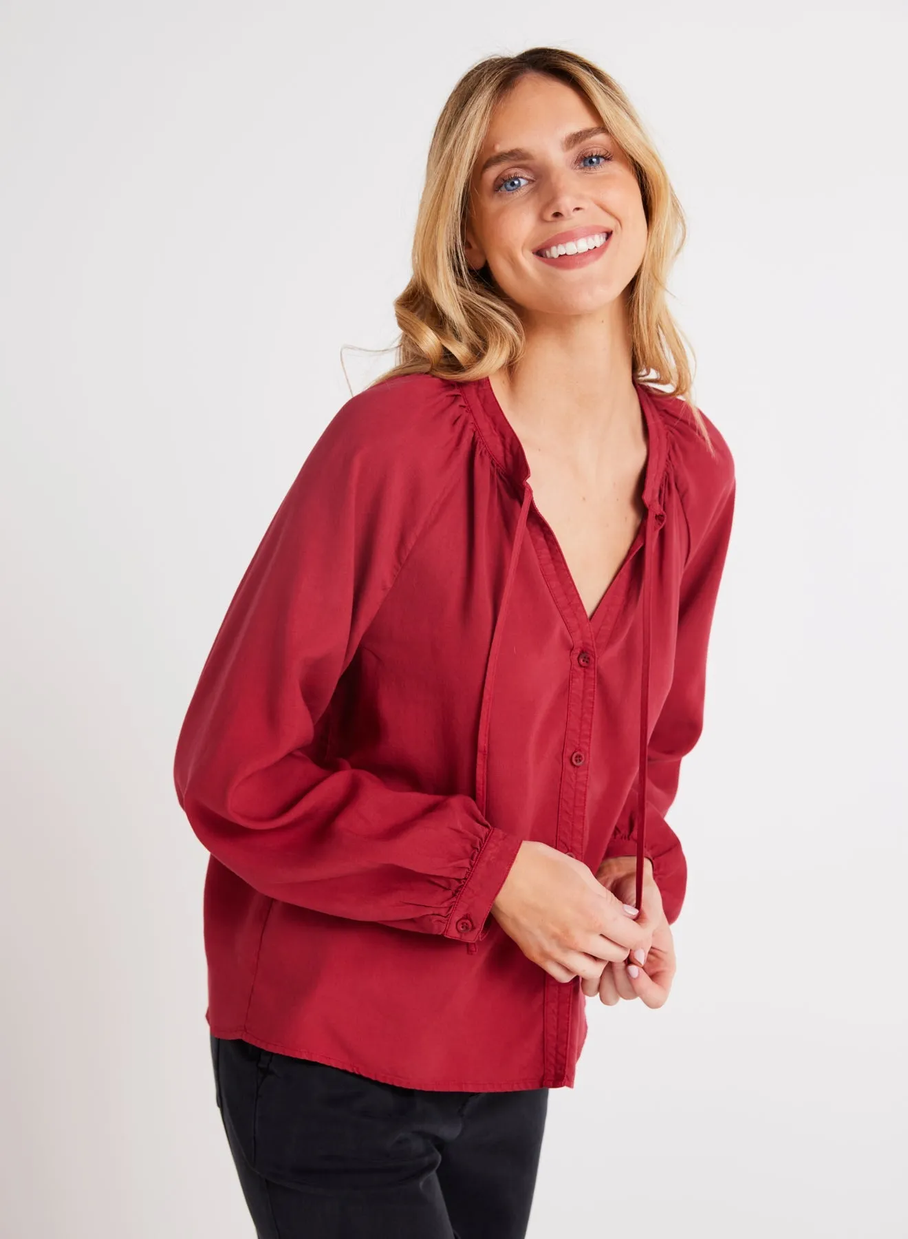 Full Sleeve Raglan Button Down - Ruby Red