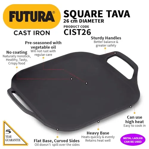 Hawkins Futura 26 cm Cast Iron Square Tava, Cast Iron Tawa for Pathri, Cast Iron Cookware for Kitchen (CIST26)