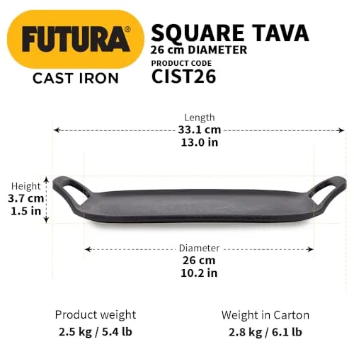 Hawkins Futura 26 cm Cast Iron Square Tava, Cast Iron Tawa for Pathri, Cast Iron Cookware for Kitchen (CIST26)