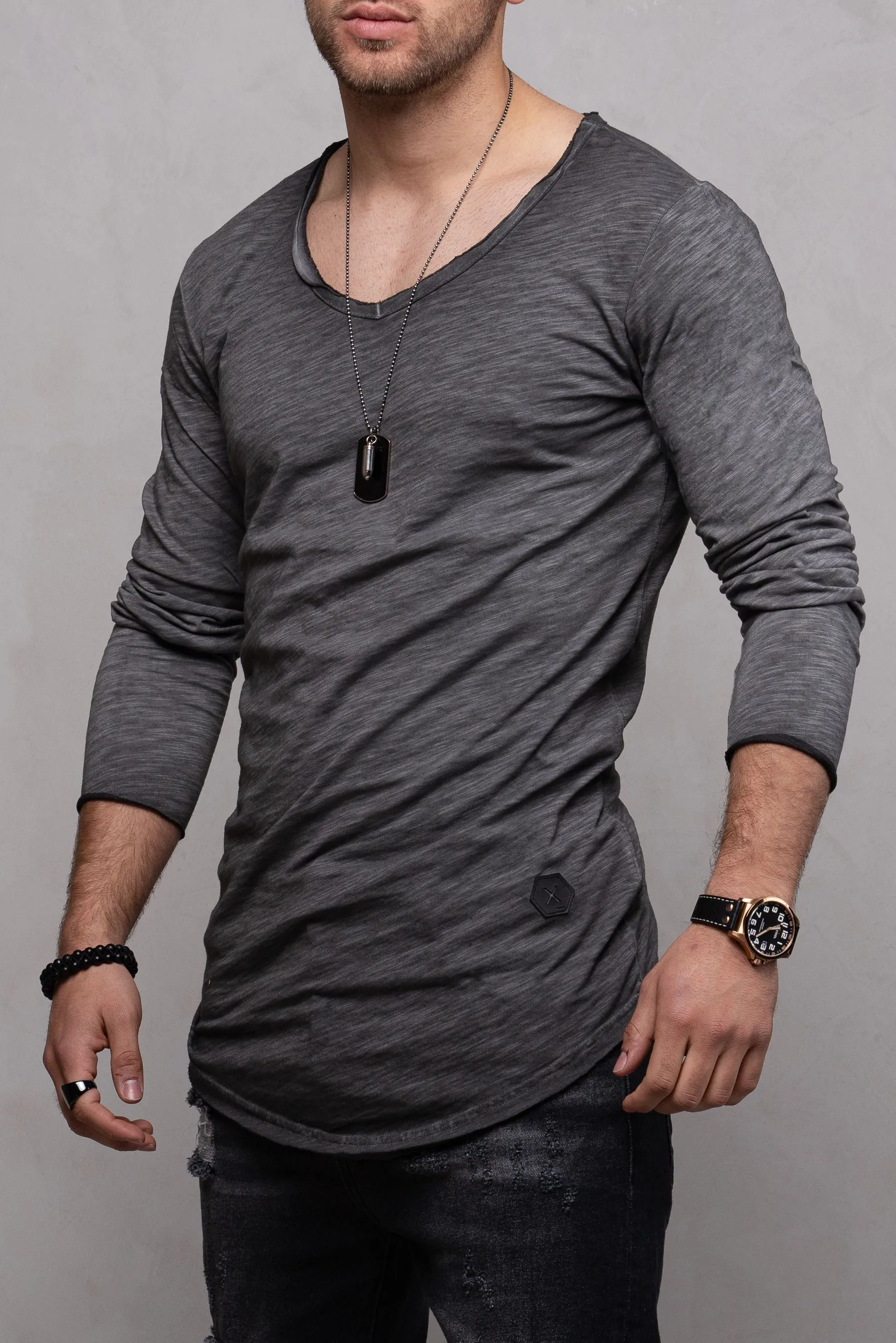 Longline Longsleeve V-Neck Dunkelgrau 7314