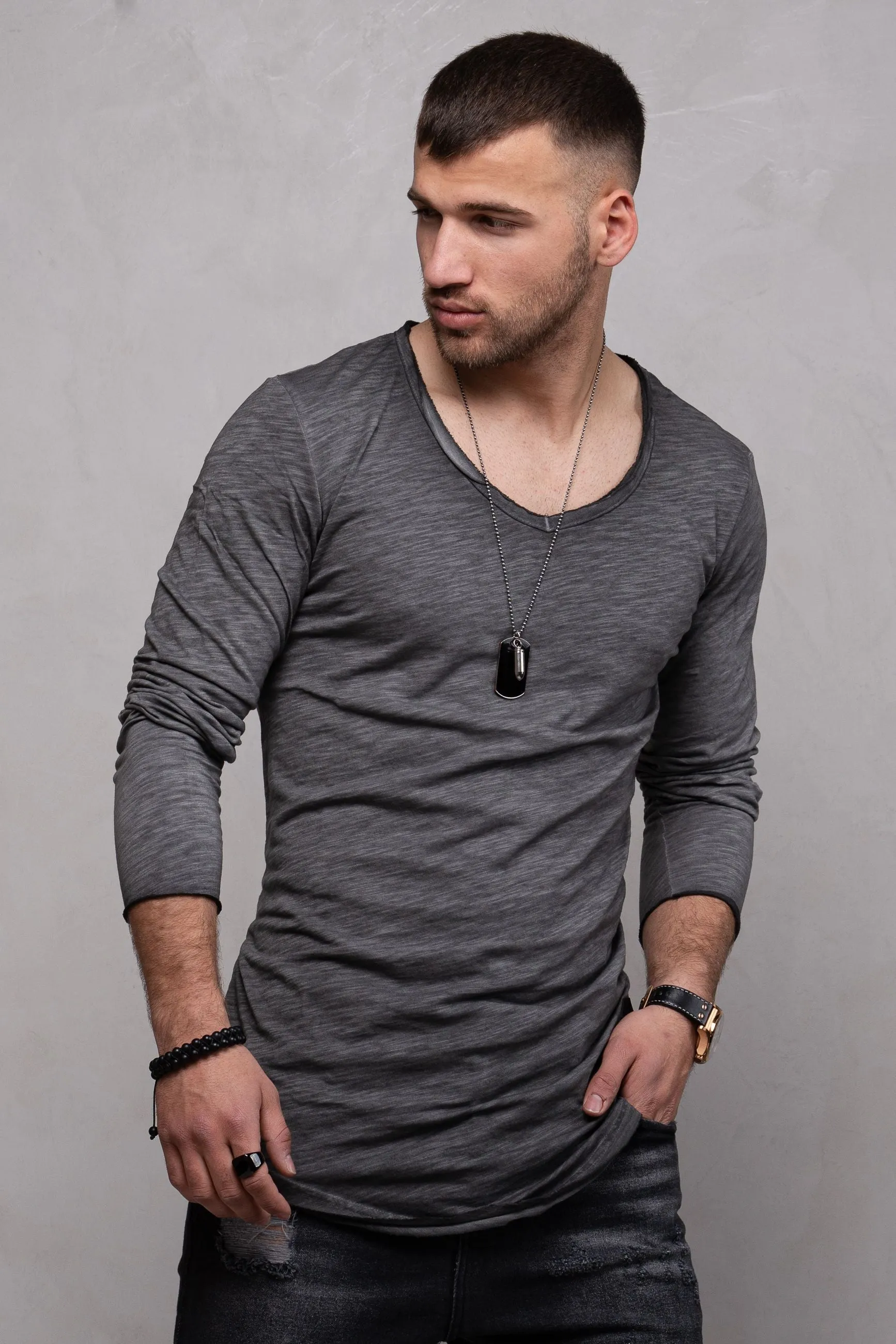 Longline Longsleeve V-Neck Dunkelgrau 7314