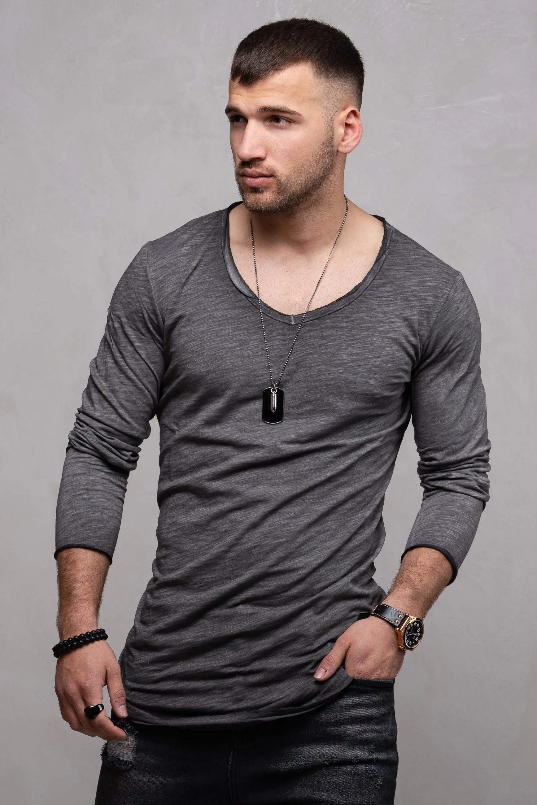 Longline Longsleeve V-Neck Dunkelgrau 7314