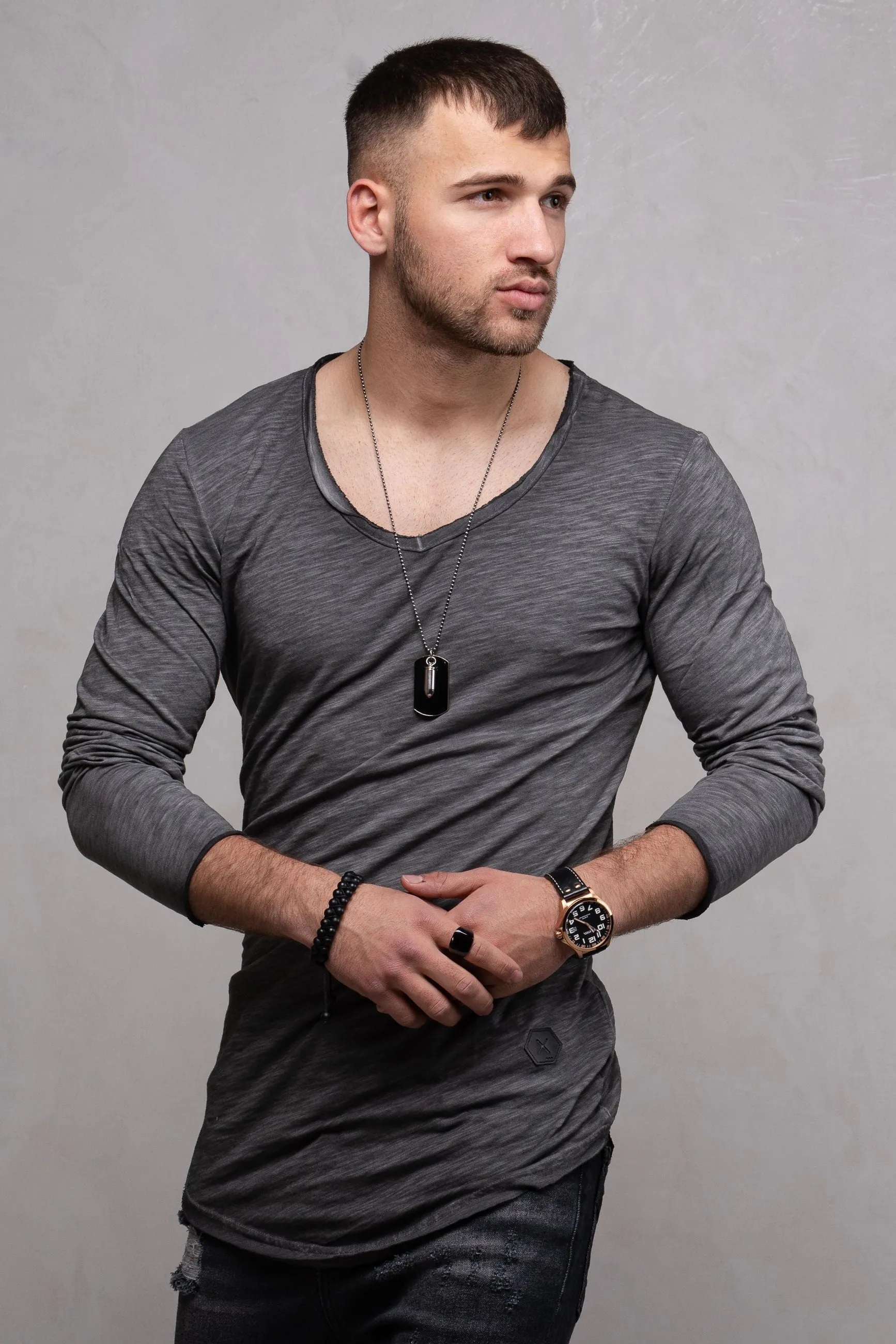 Longline Longsleeve V-Neck Dunkelgrau 7314