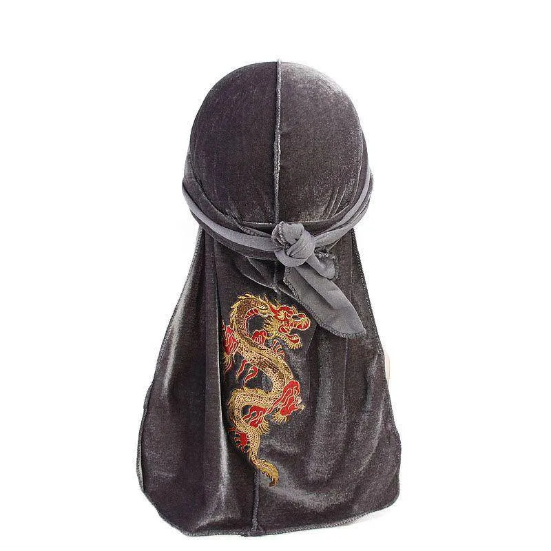 Men's Dragon Embroidered Velvet Du Rag