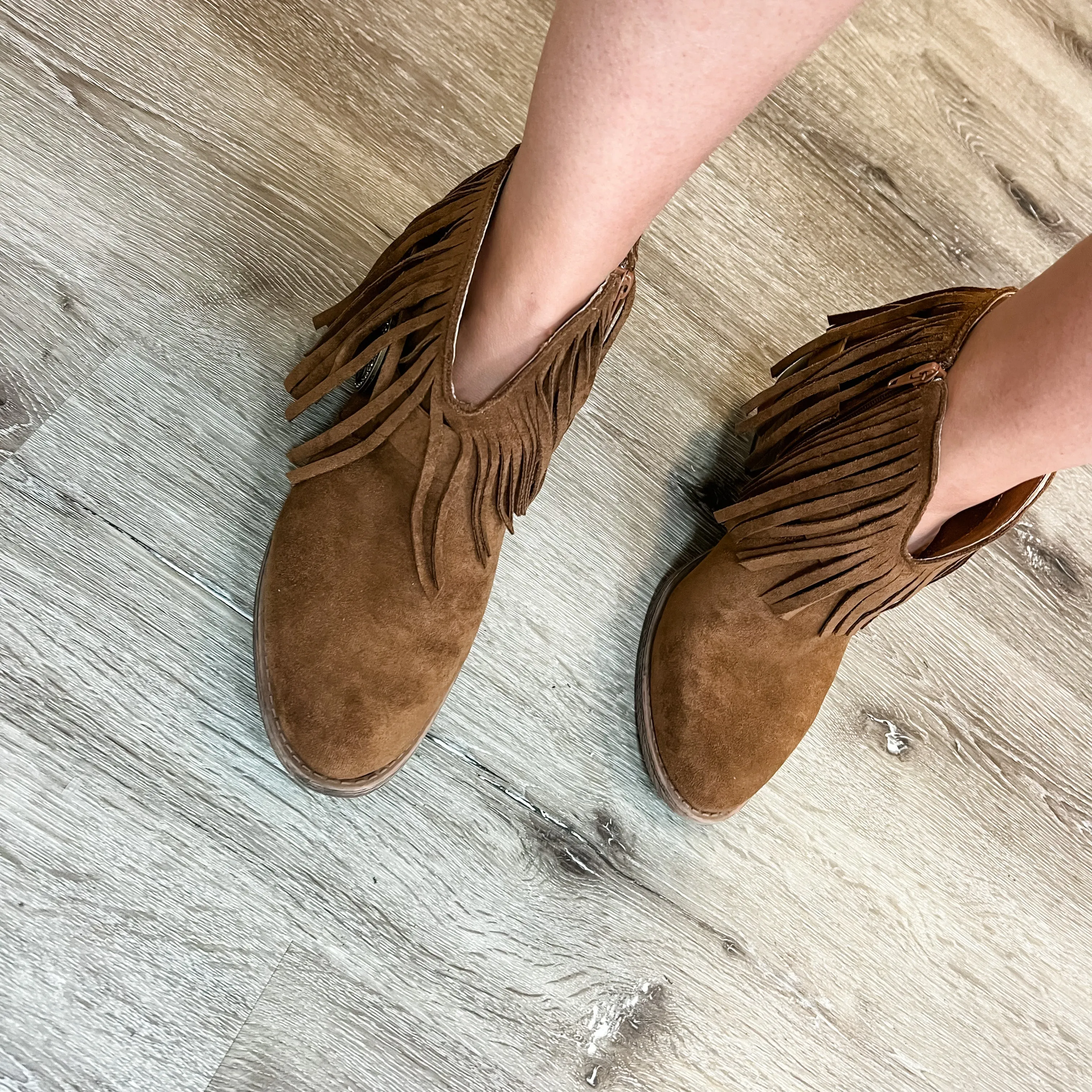 "Billie" Faux Suede Fringe and Buckle Bootie By Very G (Tan)