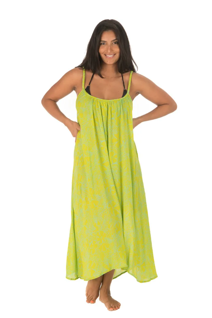 Spaghetti Strap Dress - Green Plumeria