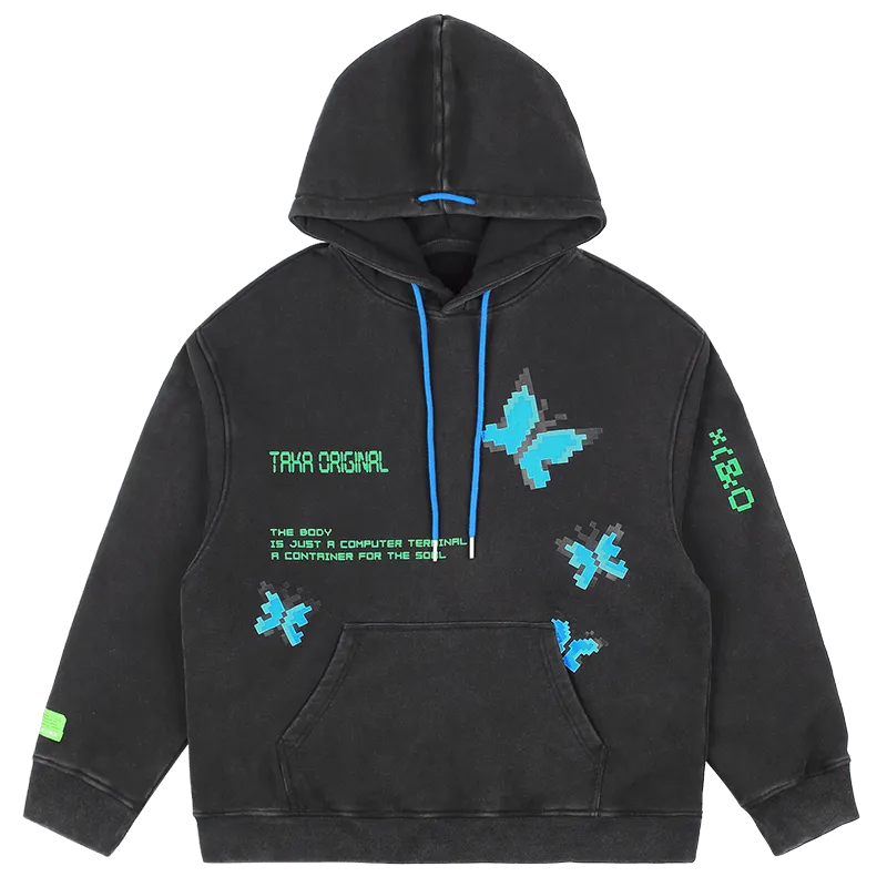 TAKA Original [ Eternet 002]  pixelated butterfly heavy wash hoodie